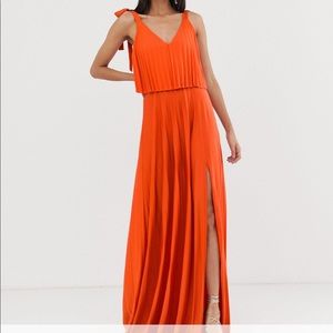 ASOS Women's Orange Pleated Crop Top Summer Sun Maxi Dress HIGH SLIT SZ 4 TALL